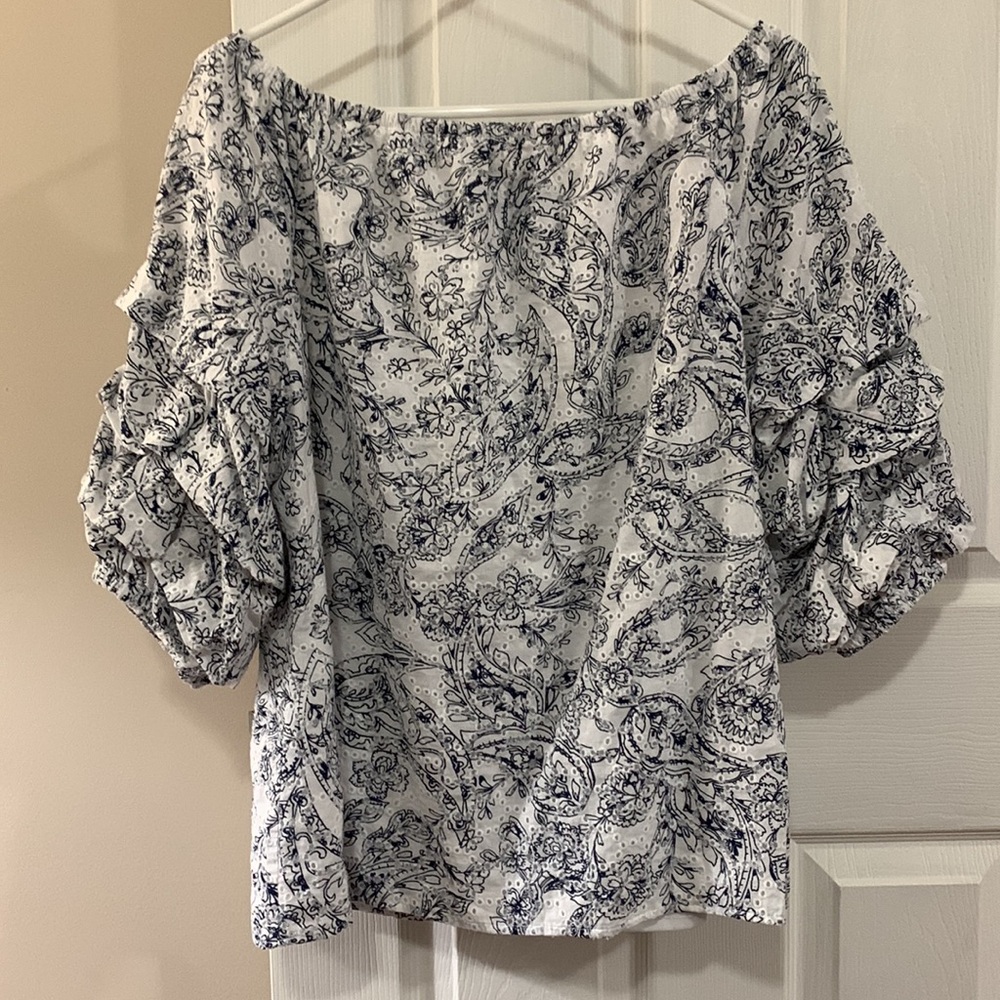 Cece Wide Neck Ruffle 1/2 Sleeve Floral On or Off Shoulder Blouse Large - Picture 2 of 5